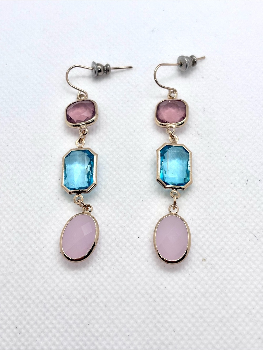 Elegant Vintage Tri Color Rhinestone Faceted Dangle Drop Earrings 2.5 Inches